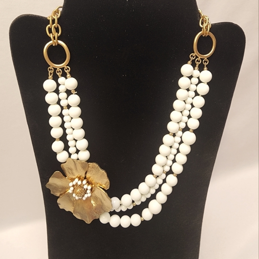 TALBOTS Gold Tone Chain 3 Strand Glass White Beads Flower Pendant Necklace